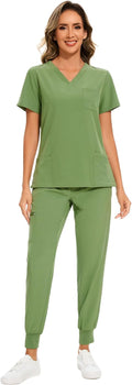 Trendy Women's Scrubs with V-Neck Top and Jogger Pants Design