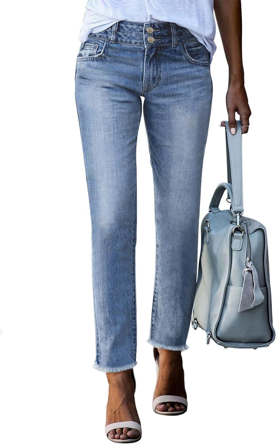 High Waisted Jeans for Women with Raw Hem and Pockets