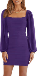 Wenrine Mesh Long Sleeve Square Neck Ruched Bodycon Mini Dress
