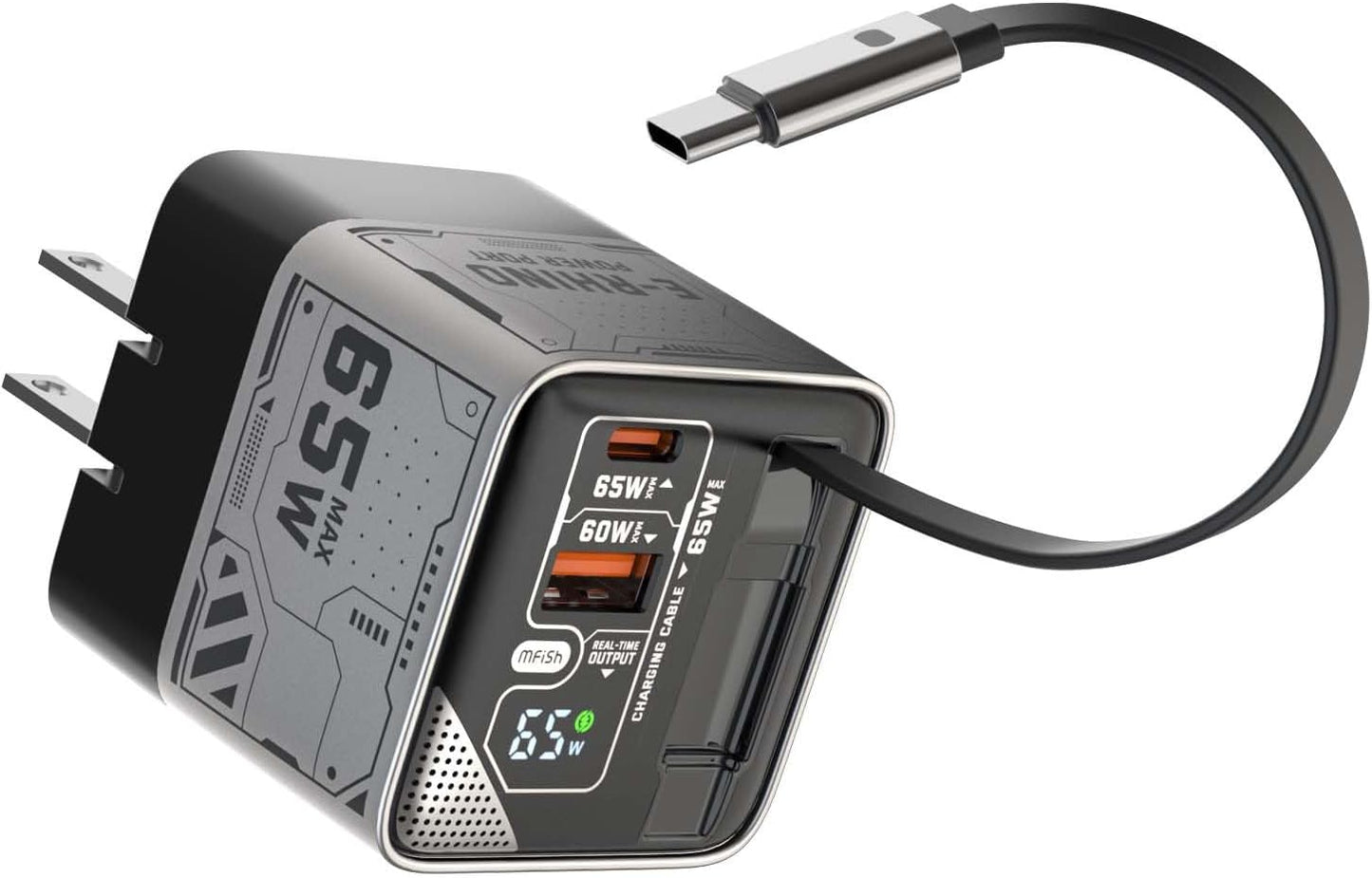 MFish 65W GaN Fast Charger with Retractable Cable for Devices