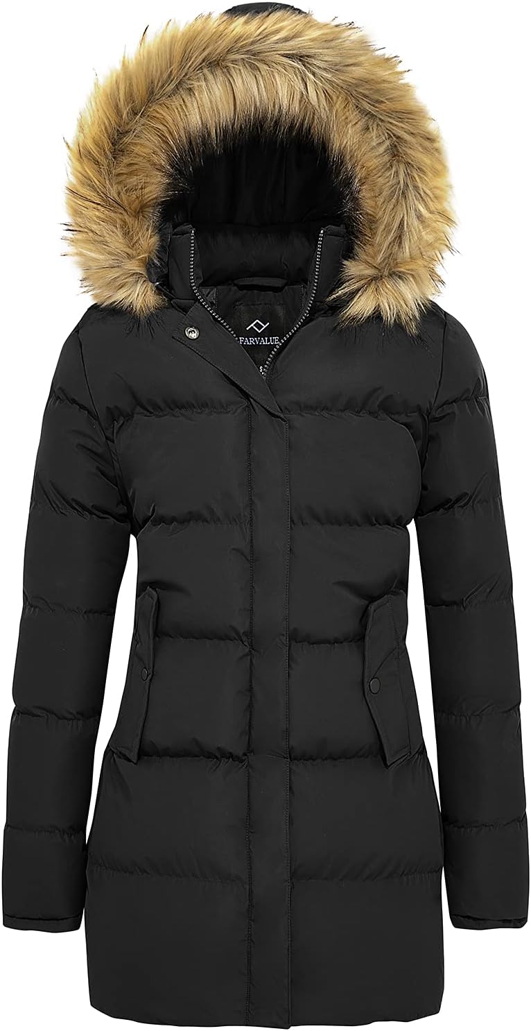 FARVALUE Women's Warm Hooded Parka with Fur Trim