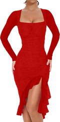 BORIFLORS Ruched Bodycon Midi Dress - Elegant Mesh Cocktail Dress