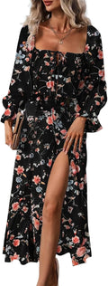 BLENCOT Womens Square Neck Boho Floral Midi Dress - Flattering