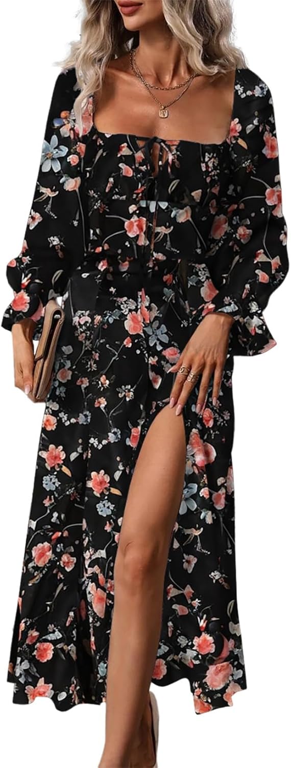 BLENCOT Womens Casual Square Neck Long Sleeve Floral Midi Dress