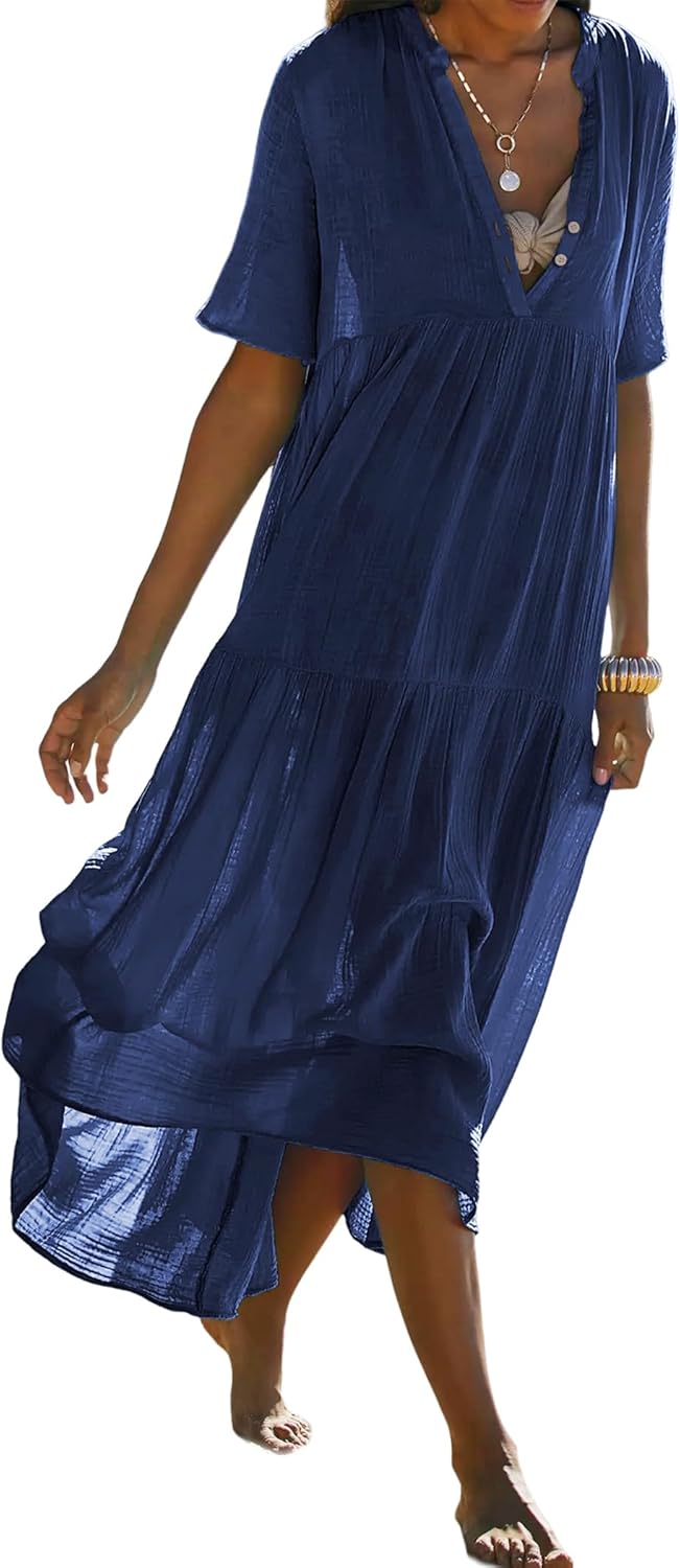 Womens Summer Cotton Flowy Maxi Dress for Casual Beach Vibes