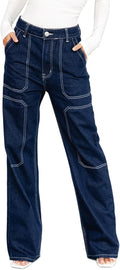 Women's Mid Waist Cargo Jeans Stretch Wide Leg Denim Pants