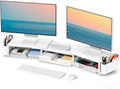 White Dual Monitor Stand Riser - Metal Desk Organizer with Drawer