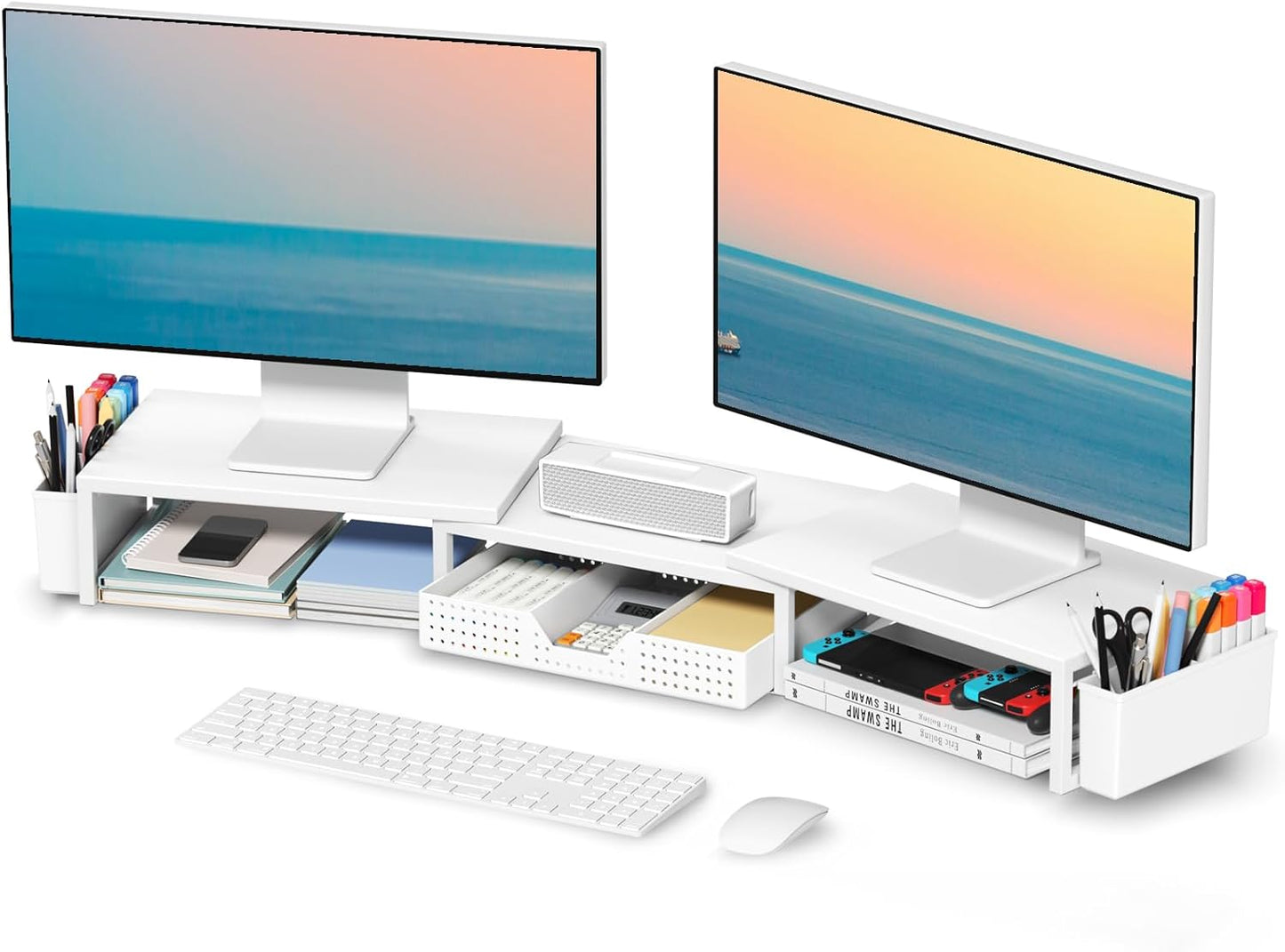 White Dual Monitor Stand Riser for Desk Organization and Comfort
