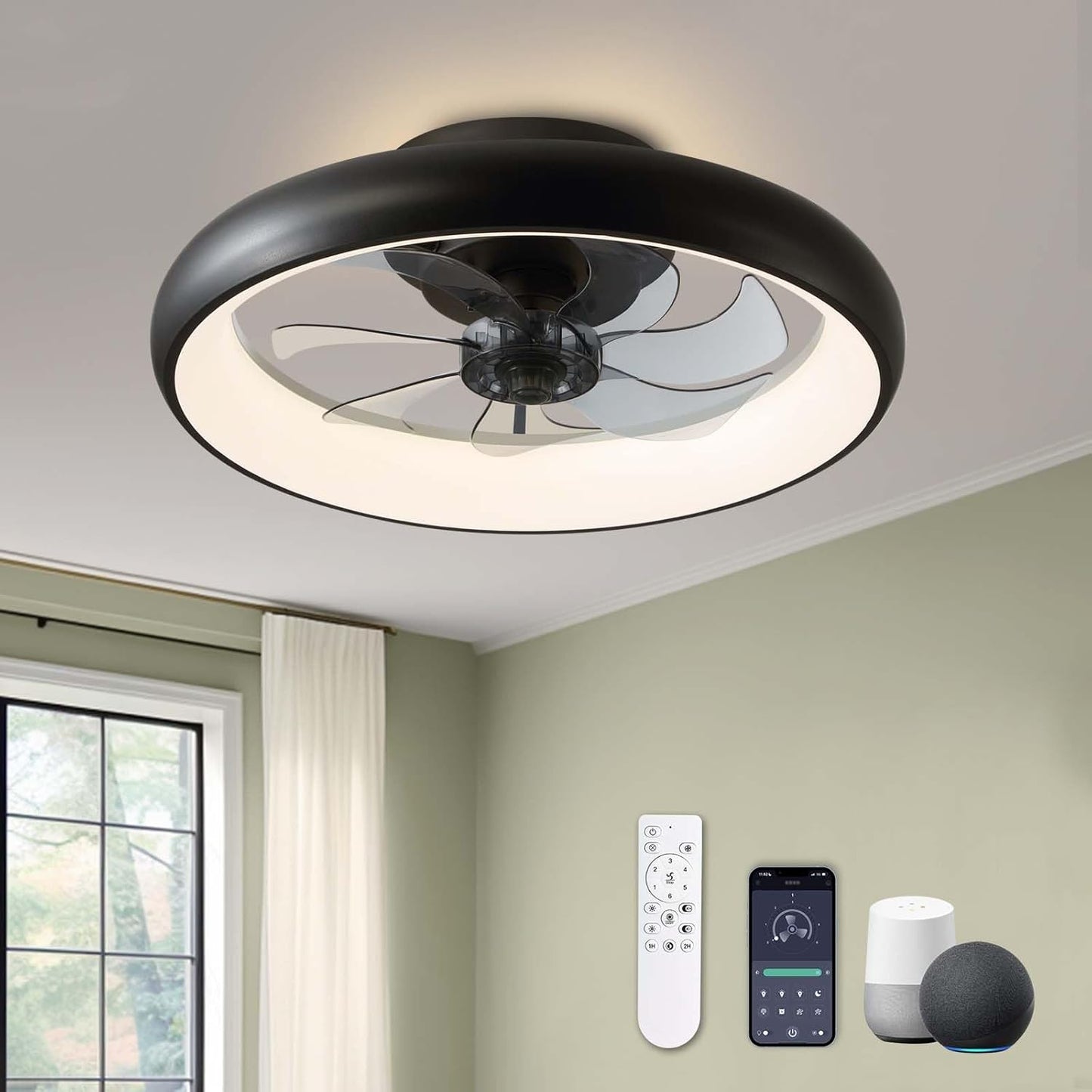 Modern Black 20in Flush Mount Ceiling Fan with Lights and Control