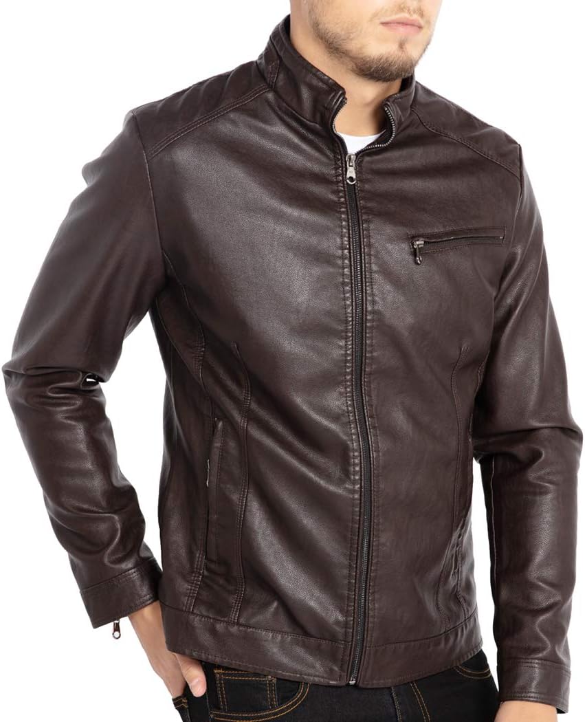 WULFUL Men's Stand Collar Leather Jacket for Motorcycle Lovers