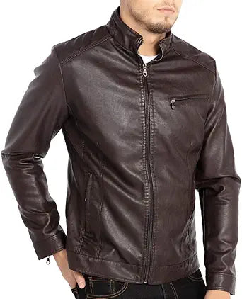 WULFUL Men's Stand Collar Leather Jacket for Stylish Riders