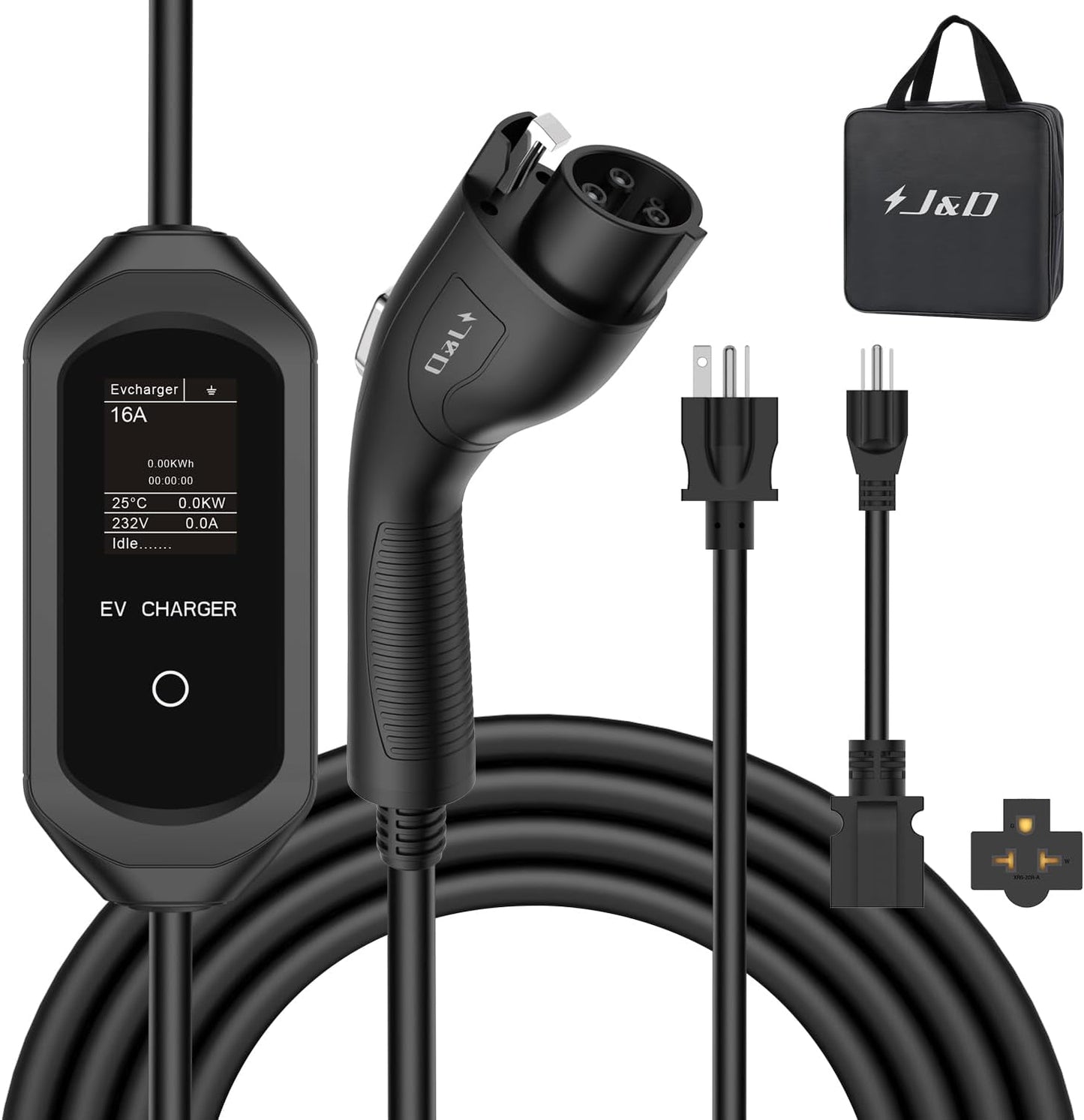 Portable J&D EV Charger, Fast Charging 110-240V 16A