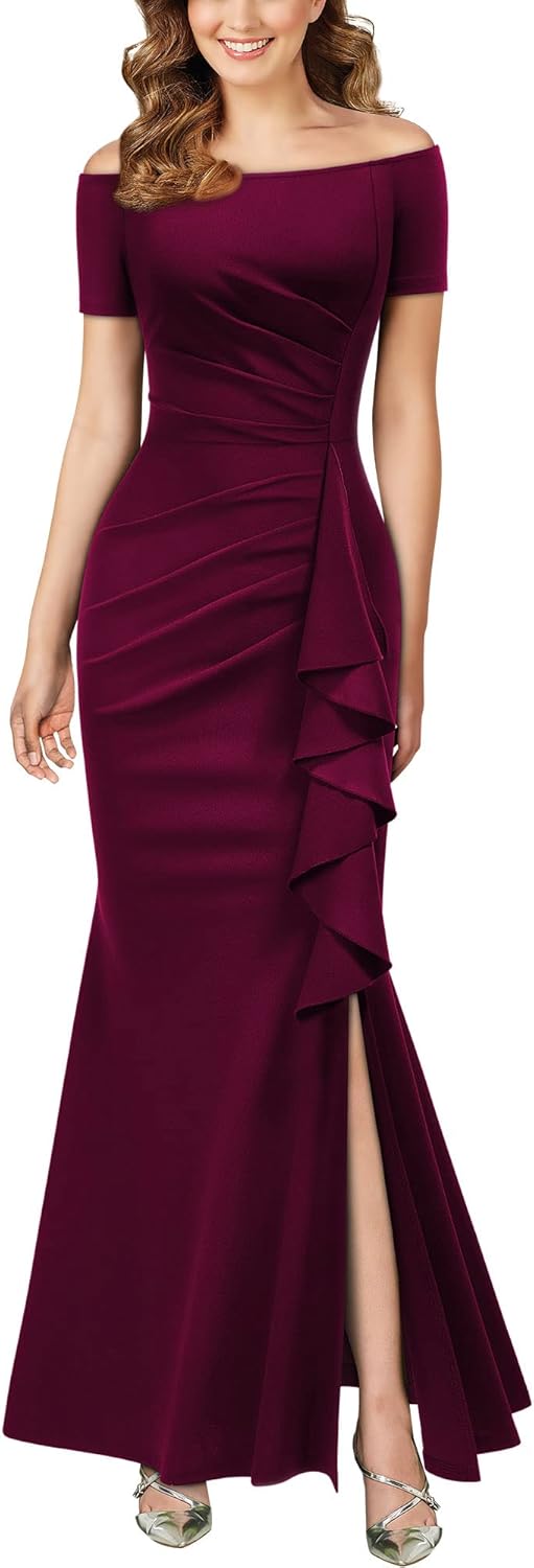 Elegant Off Shoulder Ruffle Formal Evening Long Dress for Women