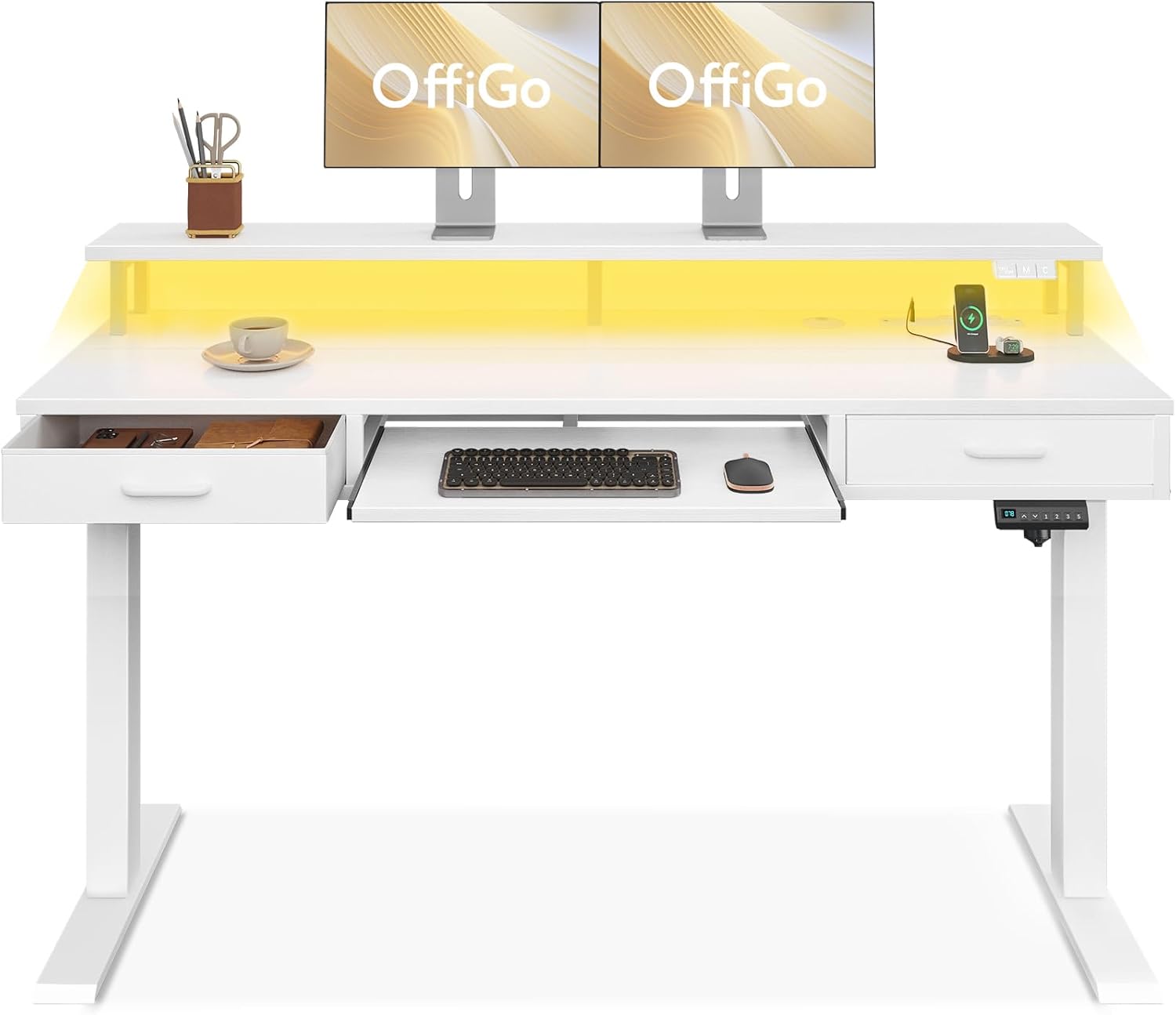 OffiGo 63 Electric Standing Desk - Height Adjustable with Power Outlets & LED Lights