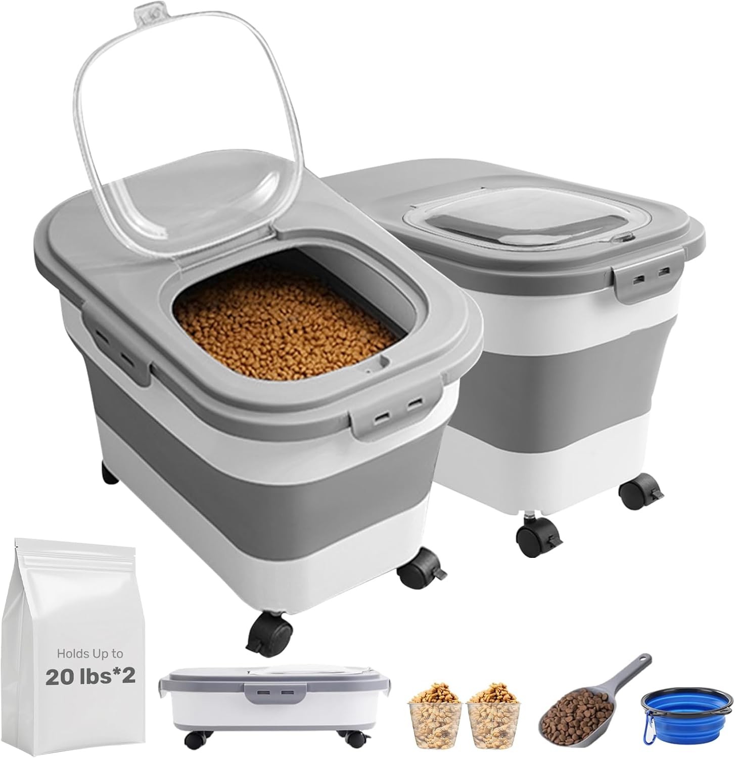 Dog Food Storage Container 2pack with Travel Bowl and Scoop