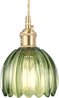 Mini Pendant Light with Green Tulip Glass Lampshade - Vintage Brass