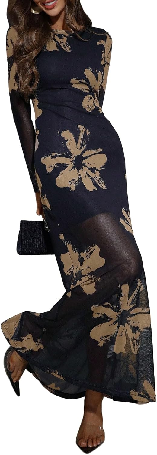 Floral Mesh Maxi Dresses for Women - Elegant Long Sleeve Style