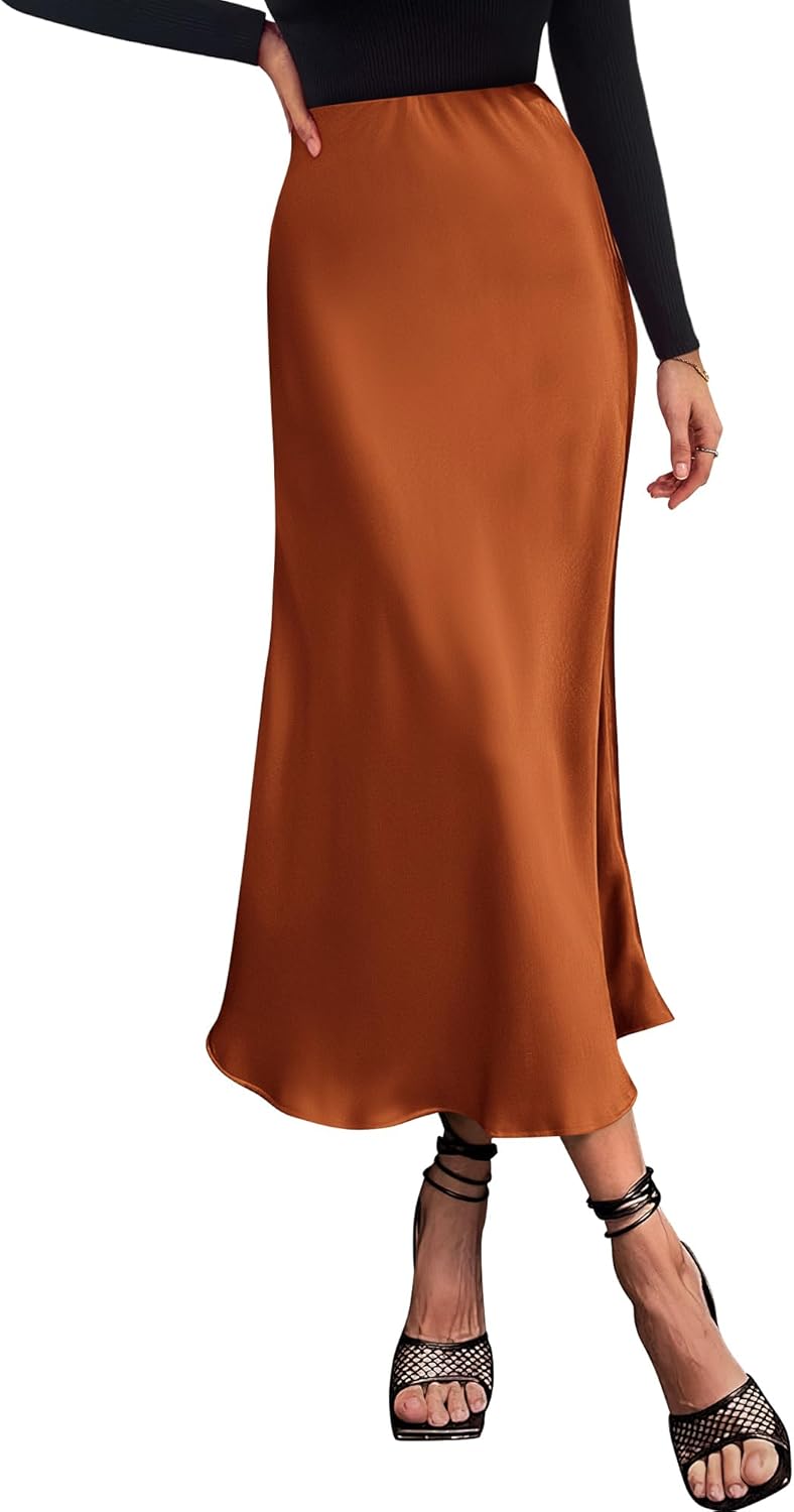 Elegant Long Satin Skirt for Women - High Waist A-Line Midi