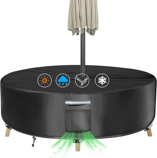 Round Patio Table Cover with Umbrella Hole - Heavy Duty Waterproof