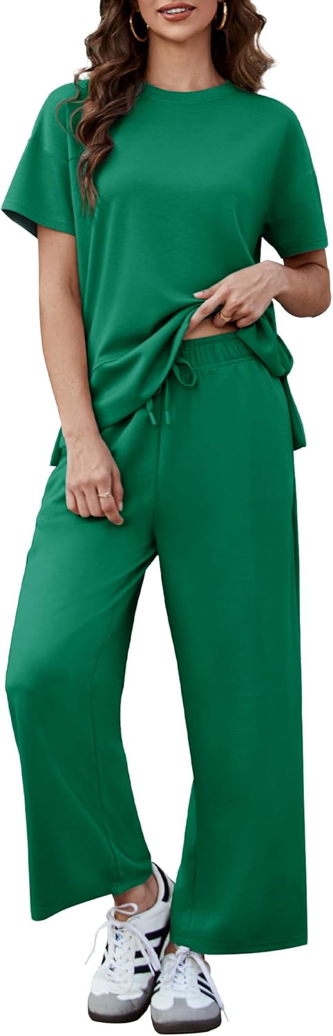 PINSPARK 2 Piece Sets for Women Soft Short Sleeve Lounge Set