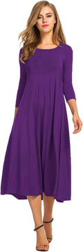 Women's 3/4 Sleeve A-line Midi Dress - Flowy Pleated Swing Hem