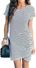 Womens Summer Casual Crew Neck Ruched Stretchy Tulip Hem Dress