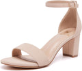 Women Nude Low Chunky Short Heels Ankle Strap Block Sandals