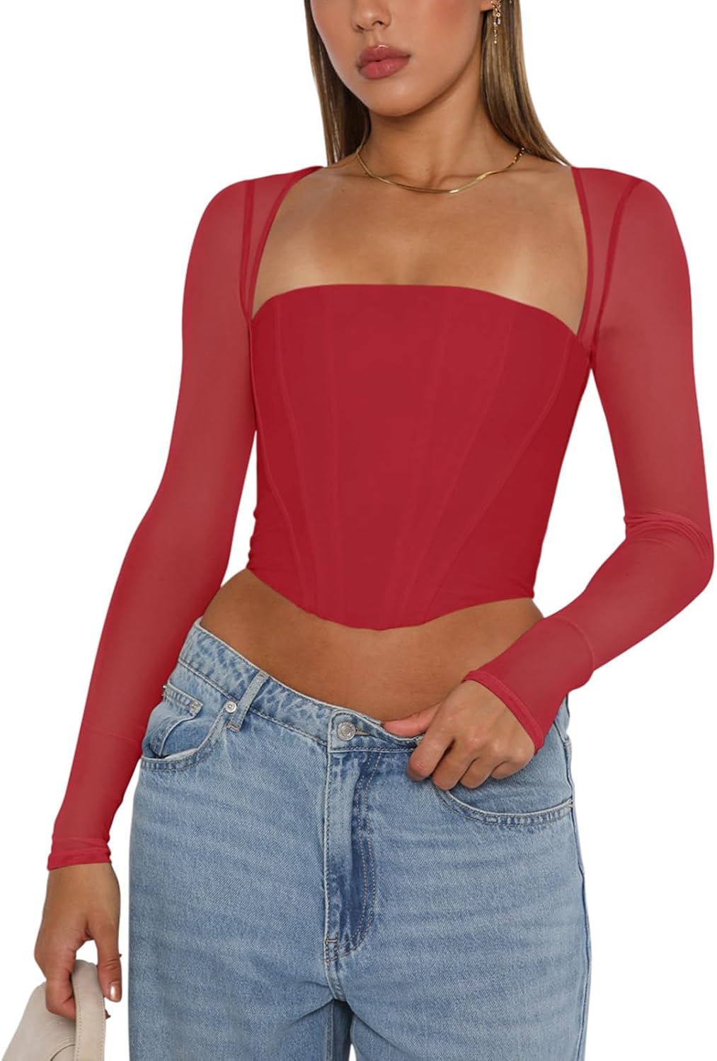 REORIA Women's Sexy Mesh Long Sleeve Corset Top for Fall Style