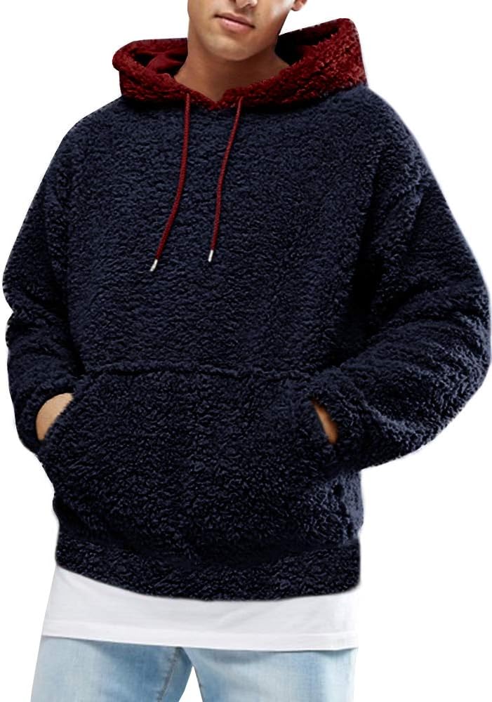 Runcati Mens Fuzzy Sherpa Pullover Hoodie for Winter Style