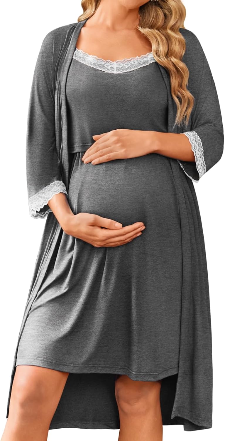 Ekouaer Women Lace Maternity Nursing Gown & Robe Set for Moms