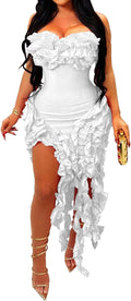Women Strapless Ruffle Bodycon Dress - Slim Party Cocktail