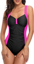 Tempt Me Women Ruched Slimming One Piece Swimsuit - Black Pink Vintage