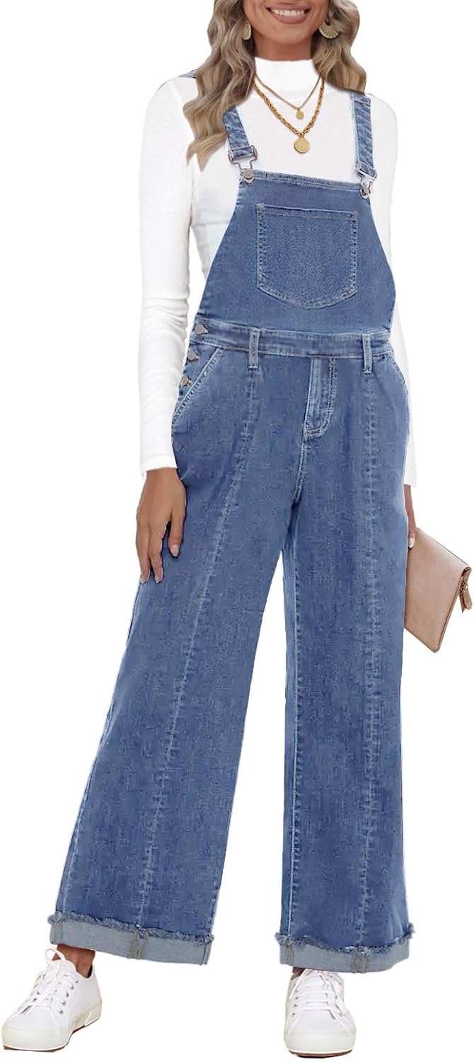 Vetinee Womens Overalls Denim Loose Fit Wide Leg Jumpsuit
