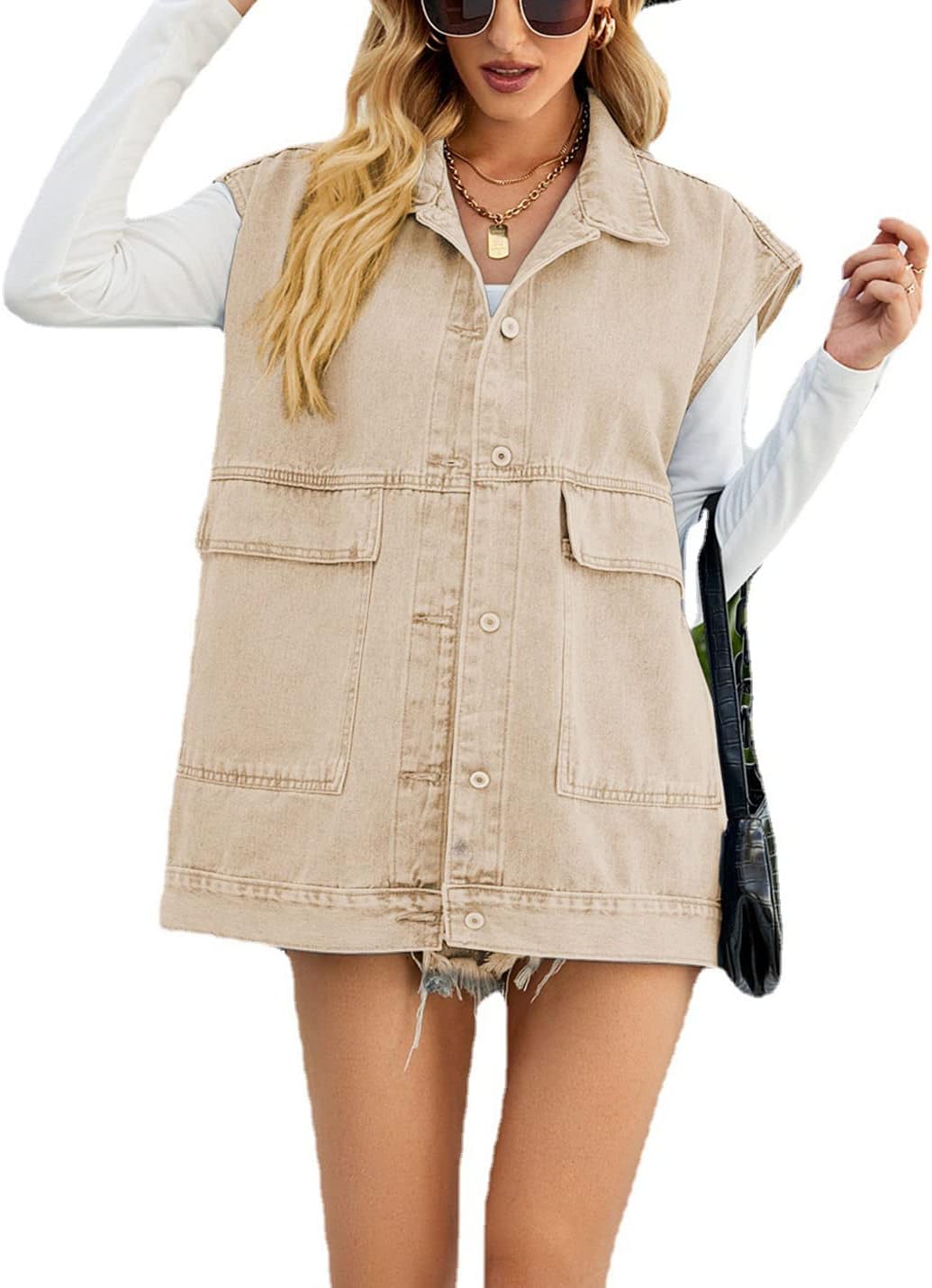 Oversized Denim Vest for Women - Stylish Mid Long Jean Jacket