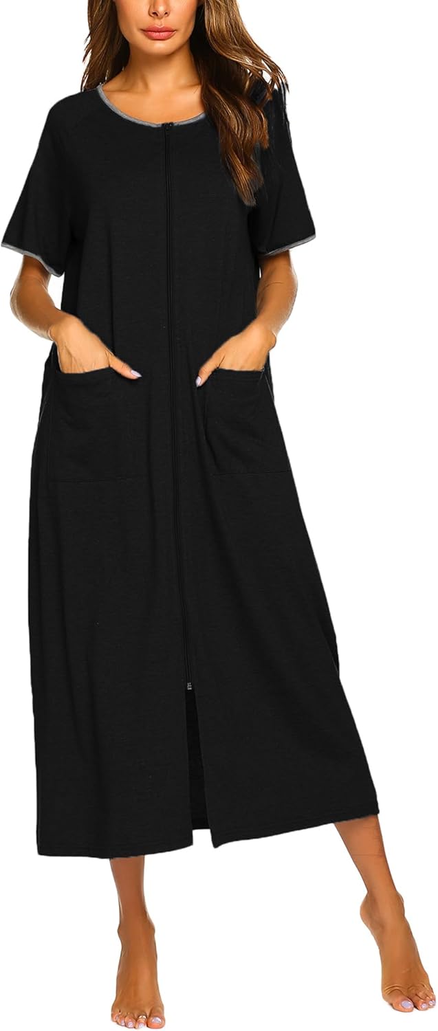 Ekouaer Women Robes Zipper Front Short Sleeve Full Length Housecoat