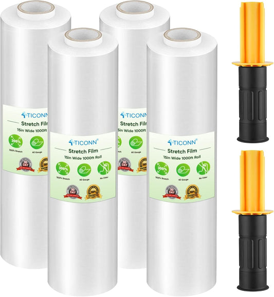 TICONN 4Pk Stretch Wrap Film Roll for Shipping and Moving