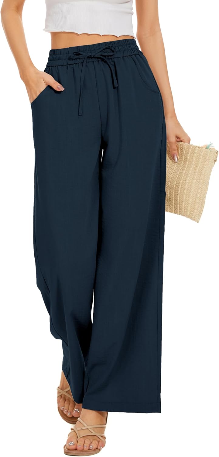 Women Flowy Pants with Drawstring Waist for Summer Comfort