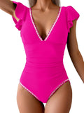 One Piece Ruffle Swimsuit Tummy Control V Neck - Slimming Swimwear mid