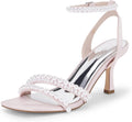 Coutgo Womens Pearl Kitten Heels Sandals Square Open Toe Ankle Strap