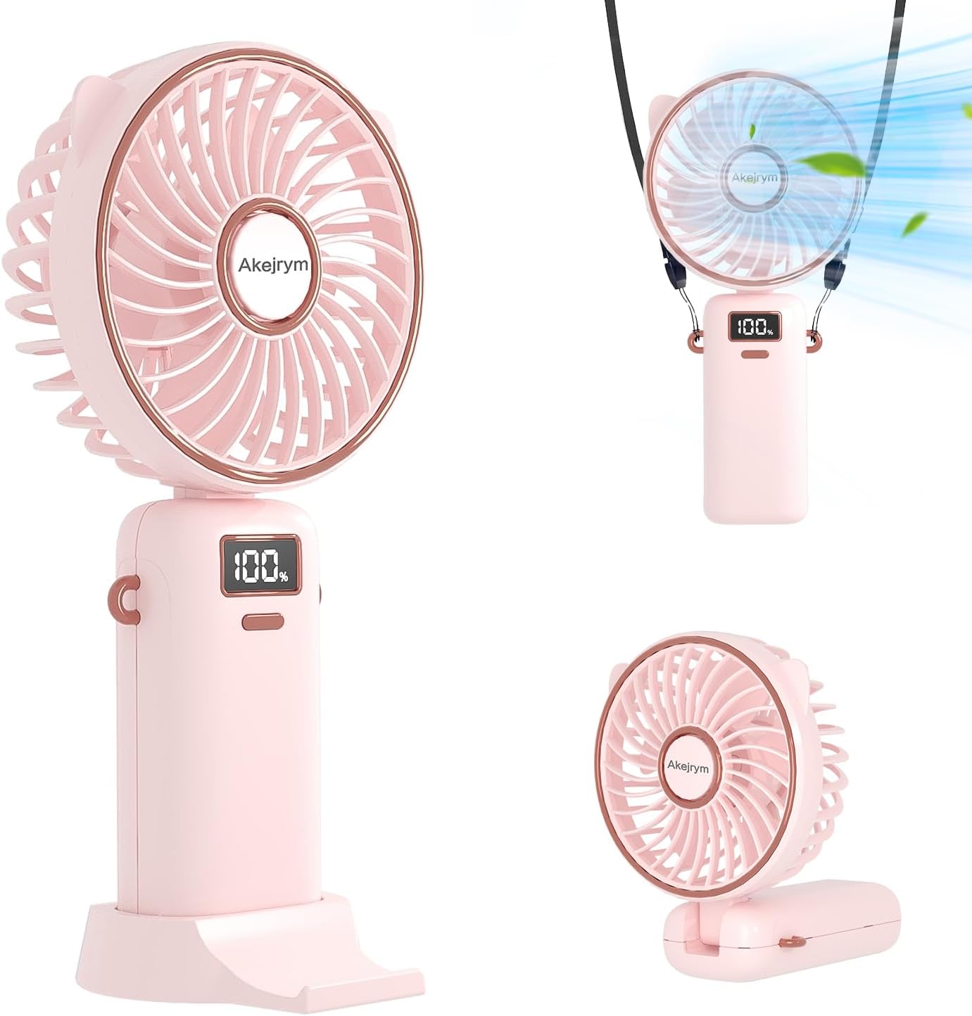 Ultra Quiet Portable Fan, LED Display, 5 Speeds, Rechargeable, Pink - 35 characters