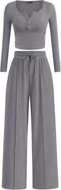 Women's 2-Piece Ribbed Lounge Set - Henley Top & Wide Leg Pants