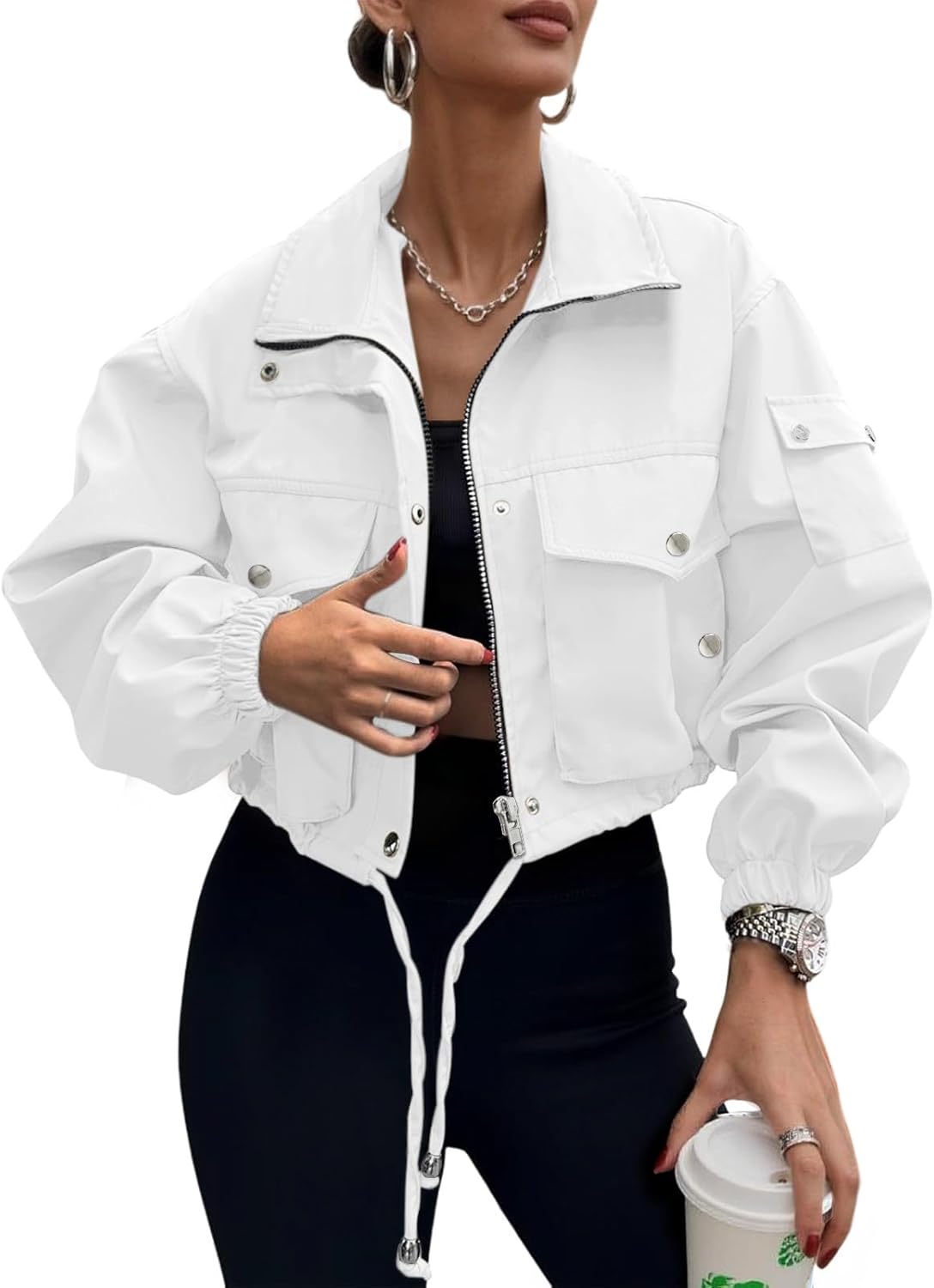Womens Cropped Bomber Jacket 2025 Trendy Zip Up Utility Coat
