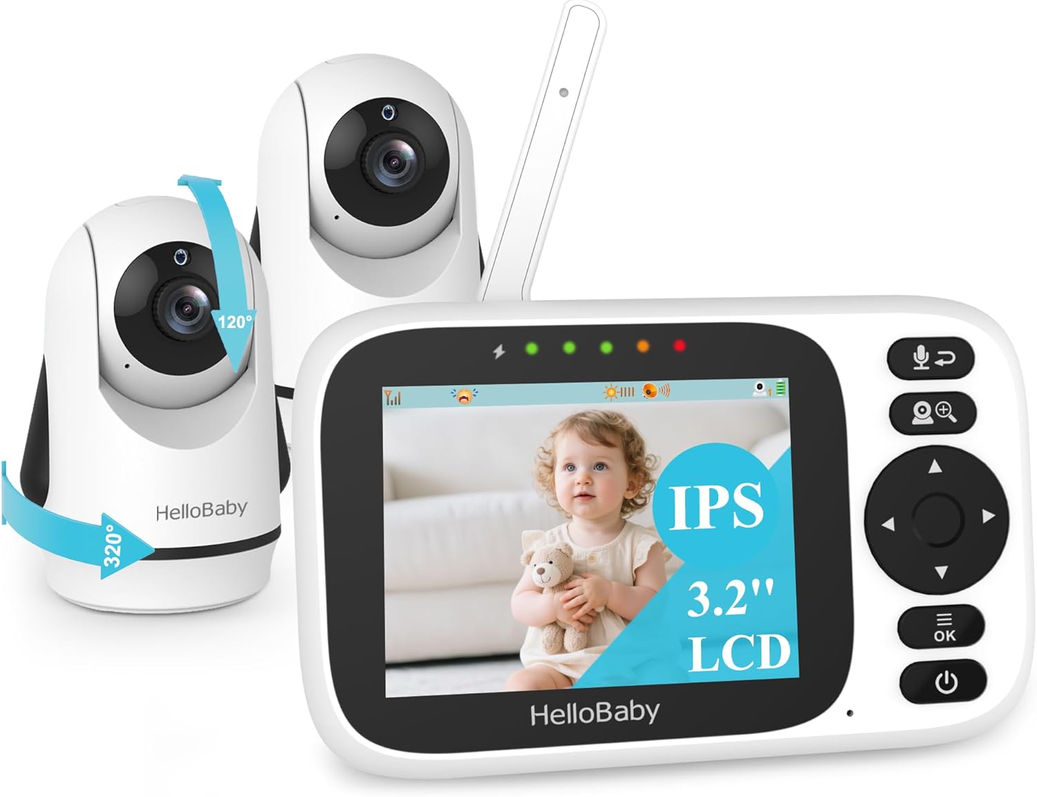 HelloBaby 3.2ft' Baby Monitor with 2 Cameras and Night Vision