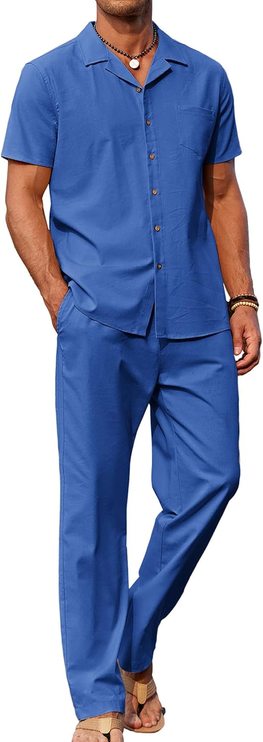 COOFANDY Men 2 Piece Linen Outfit for Beach and Casual Wear