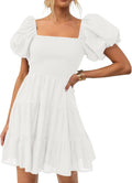 Boho Square Neck Puff Sleeve Mini Dress - Flowy Smocked A-Line