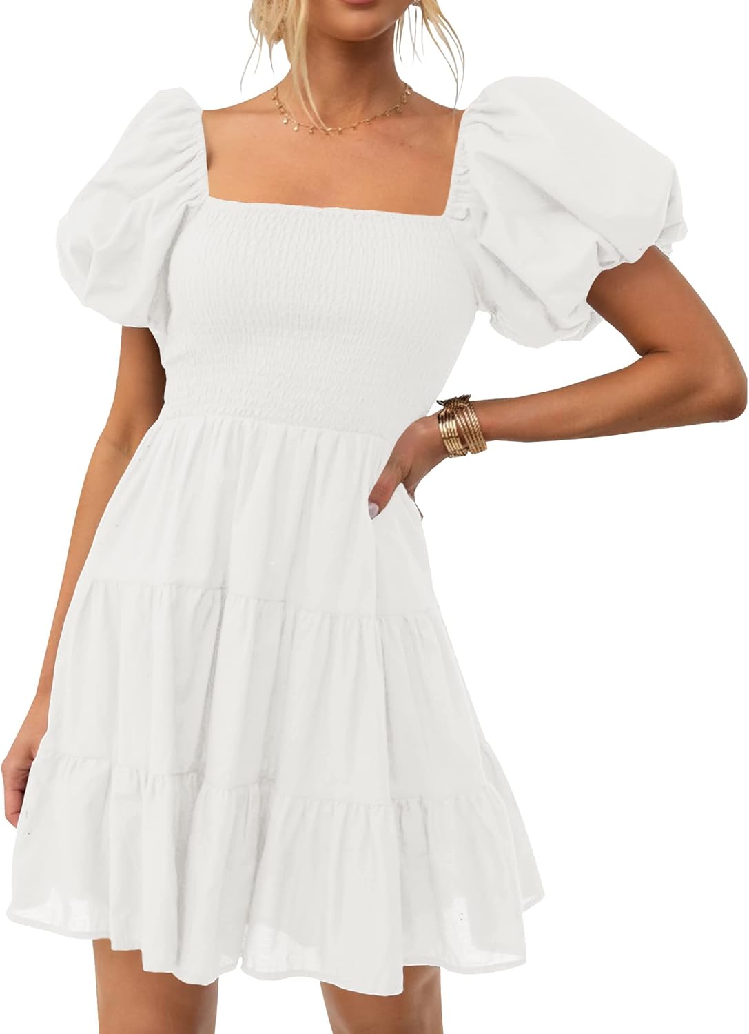 ZESICA Women's Boho Summer Square Neck Puff Sleeve Mini Dress