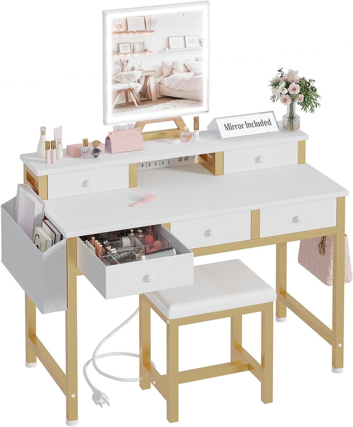 White Makeup Vanity Desk with Lights for Small Spaces
