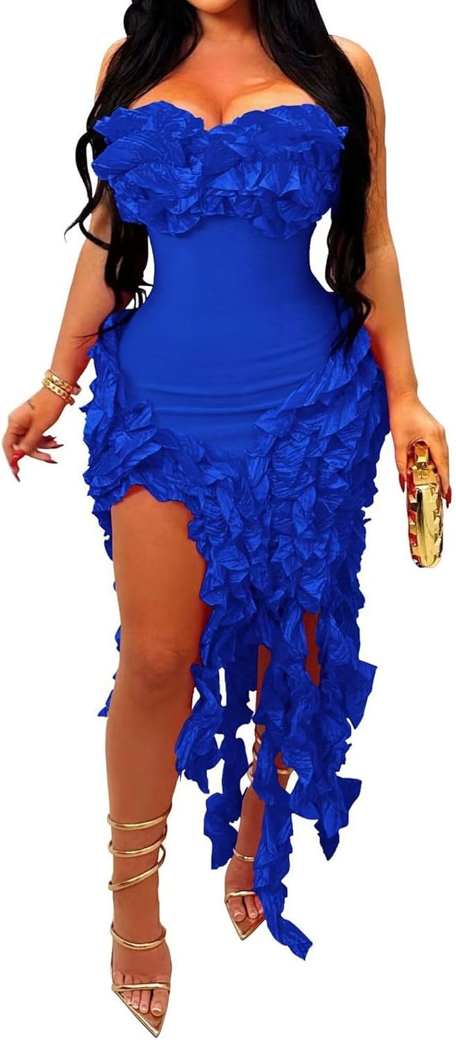 IyMoo Women Sexy Strapless Ruffle Bodycon Dress for Parties
