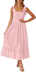 Boho Spaghetti Strap Square Neck Ruffle A Line Maxi