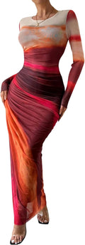 MARZXIN Womens Long Sleeve Maxi Bodycon Tie Dye Dress - Flattering Fit
